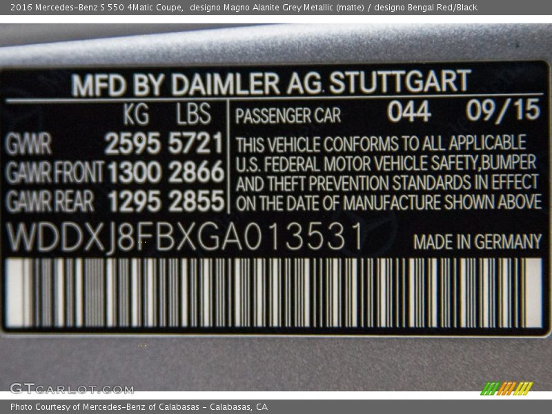 2016 S 550 4Matic Coupe designo Magno Alanite Grey Metallic (matte) Color Code 044
