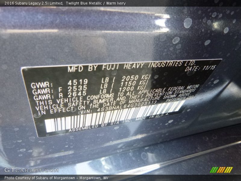 Twilight Blue Metallic / Warm Ivory 2016 Subaru Legacy 2.5i Limited