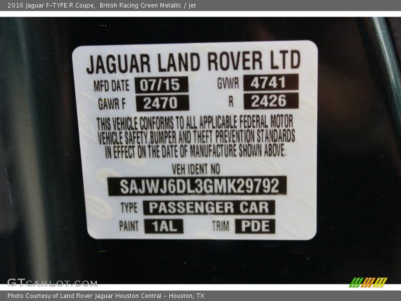 2016 F-TYPE R Coupe British Racing Green Metallic Color Code 1AL