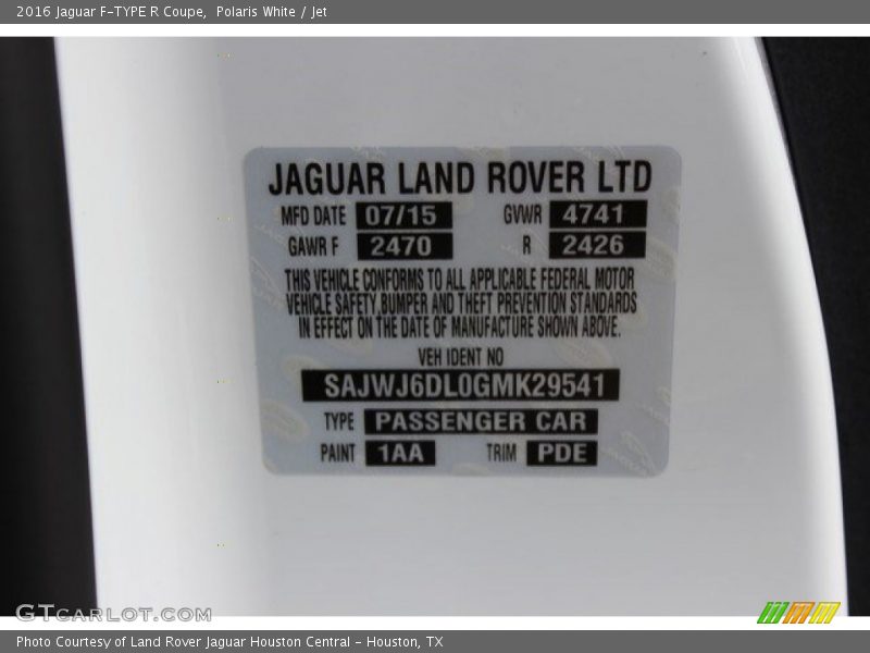 2016 F-TYPE R Coupe Polaris White Color Code 1AA