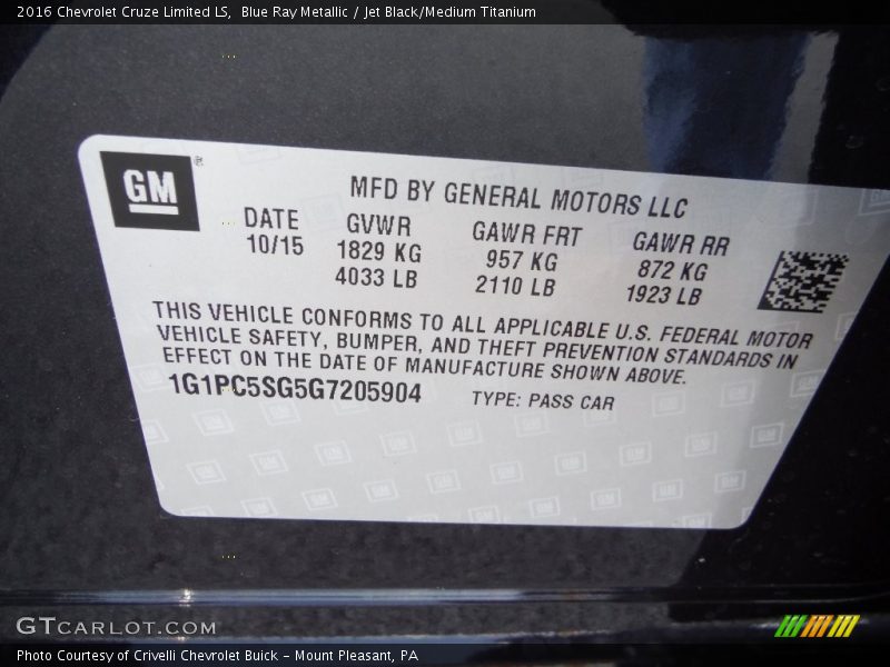 Blue Ray Metallic / Jet Black/Medium Titanium 2016 Chevrolet Cruze Limited LS