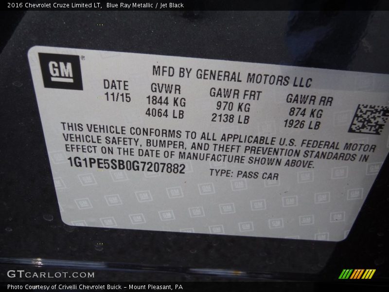Blue Ray Metallic / Jet Black 2016 Chevrolet Cruze Limited LT