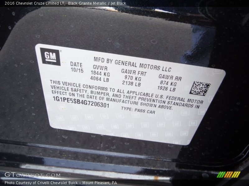 Black Granite Metallic / Jet Black 2016 Chevrolet Cruze Limited LT
