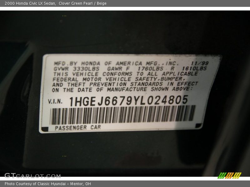 Clover Green Pearl / Beige 2000 Honda Civic LX Sedan