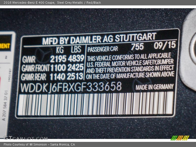 Steel Grey Metallic / Red/Black 2016 Mercedes-Benz E 400 Coupe