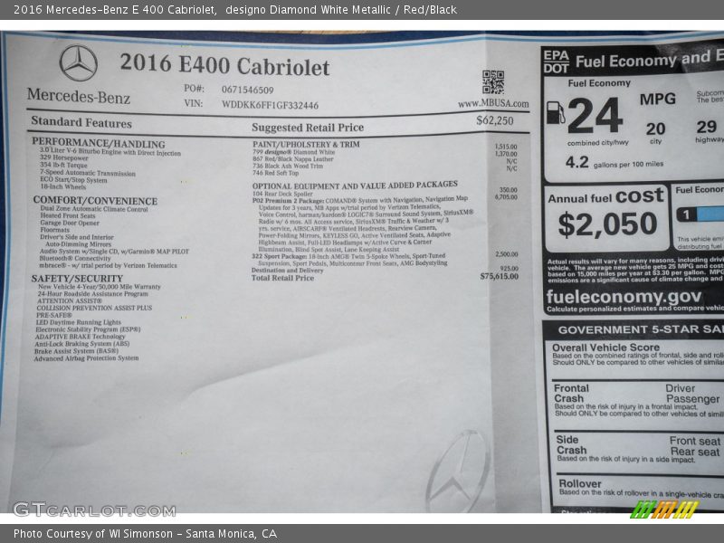  2016 E 400 Cabriolet Window Sticker