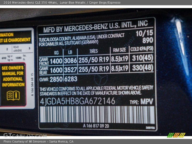 Lunar Blue Metallic / Ginger Beige/Espresso 2016 Mercedes-Benz GLE 350 4Matic