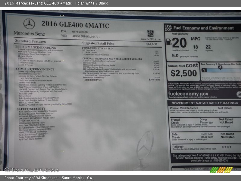  2016 GLE 400 4Matic Window Sticker