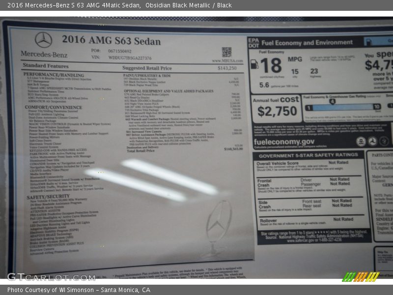  2016 S 63 AMG 4Matic Sedan Window Sticker
