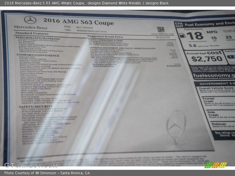  2016 S 63 AMG 4Matic Coupe Window Sticker