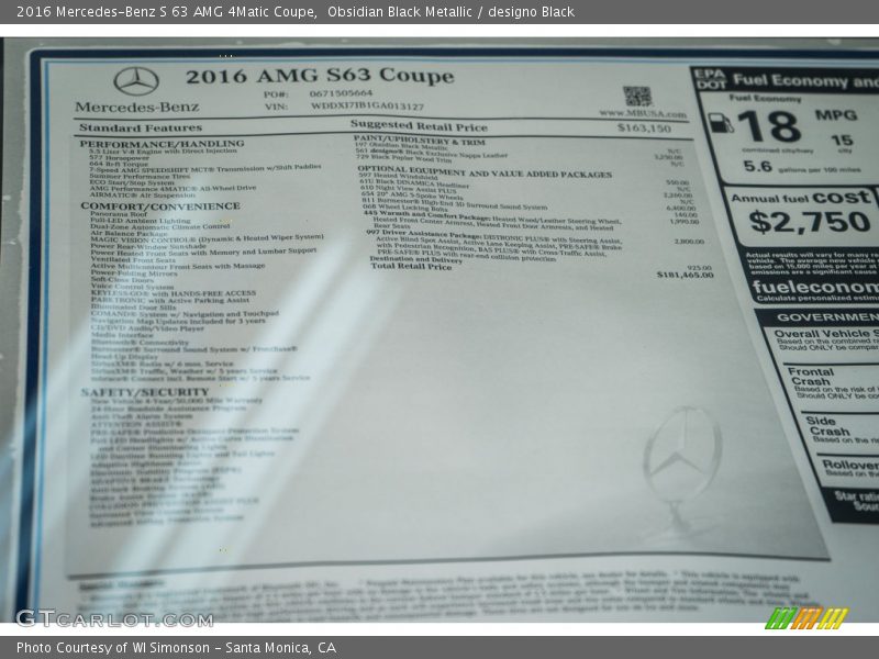  2016 S 63 AMG 4Matic Coupe Window Sticker
