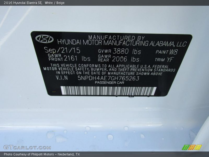 White / Beige 2016 Hyundai Elantra SE