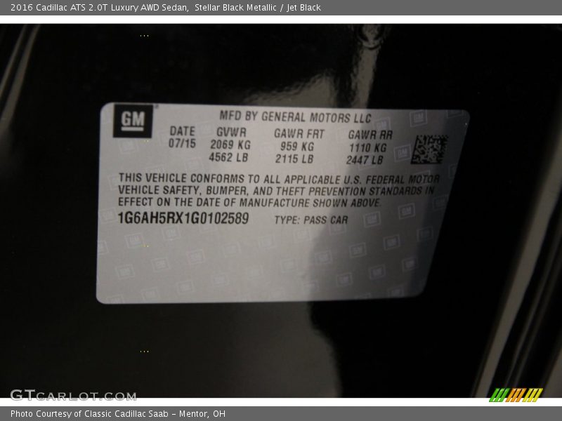 Stellar Black Metallic / Jet Black 2016 Cadillac ATS 2.0T Luxury AWD Sedan