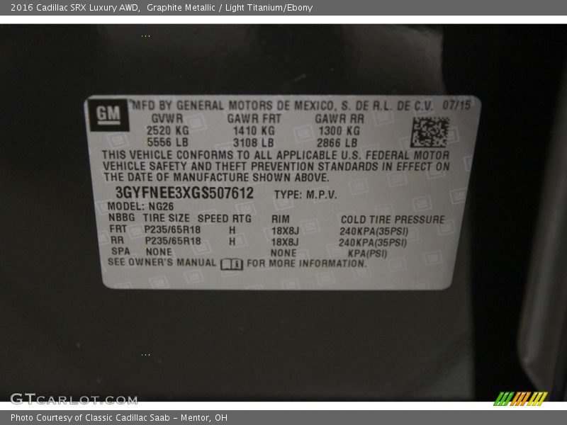 Graphite Metallic / Light Titanium/Ebony 2016 Cadillac SRX Luxury AWD