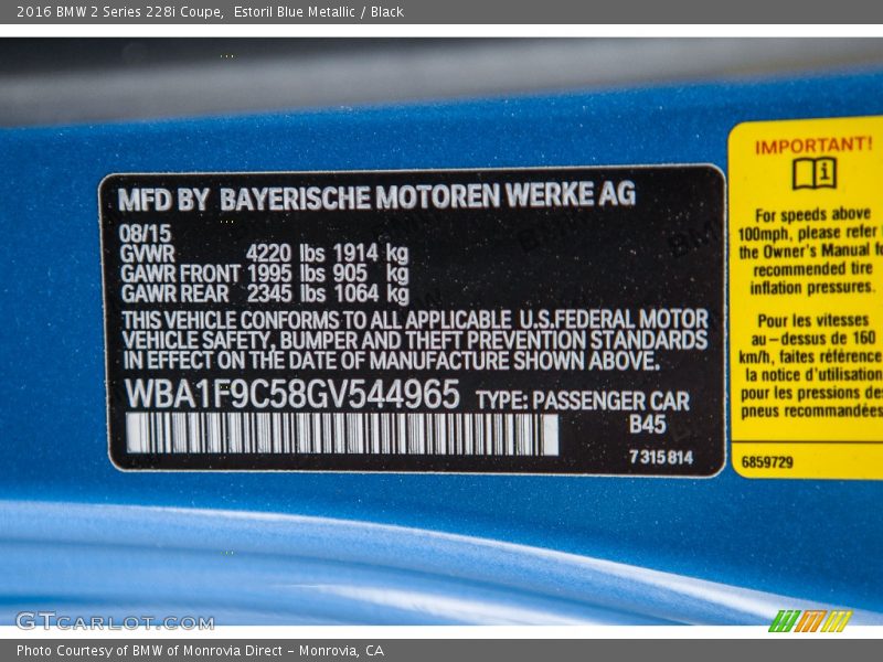 2016 2 Series 228i Coupe Estoril Blue Metallic Color Code B45