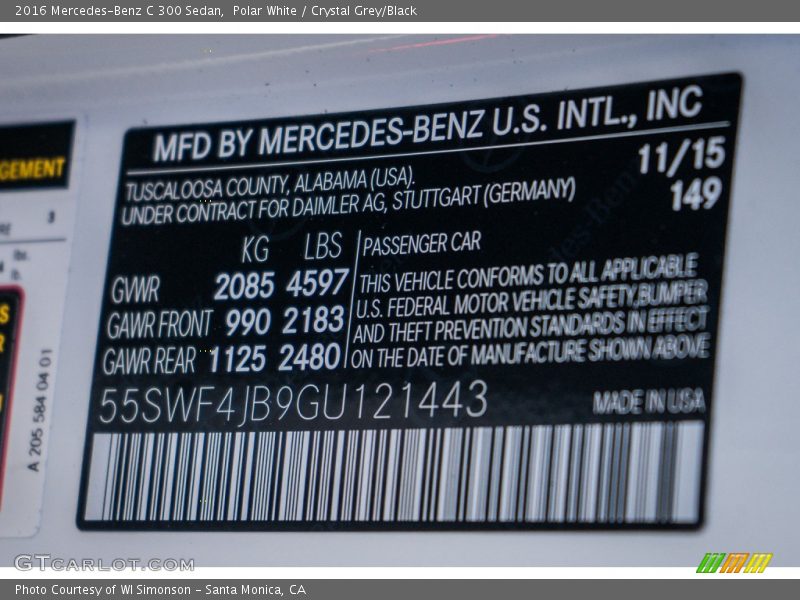 Polar White / Crystal Grey/Black 2016 Mercedes-Benz C 300 Sedan