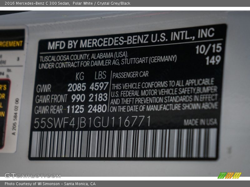 Polar White / Crystal Grey/Black 2016 Mercedes-Benz C 300 Sedan