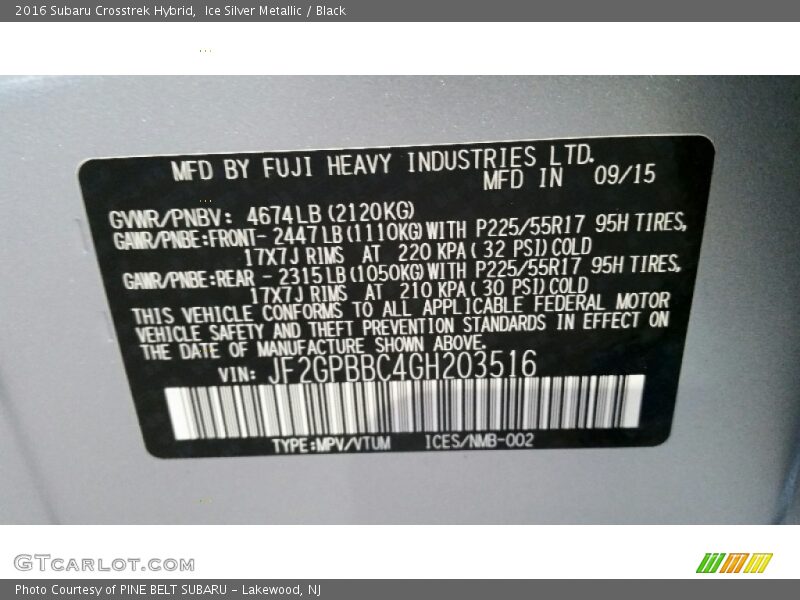 Info Tag of 2016 Crosstrek Hybrid