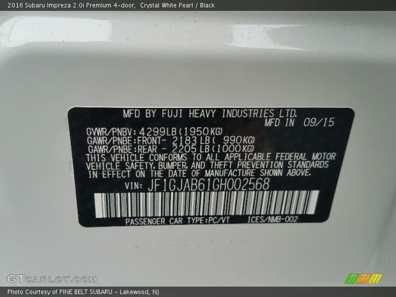 Crystal White Pearl / Black 2016 Subaru Impreza 2.0i Premium 4-door