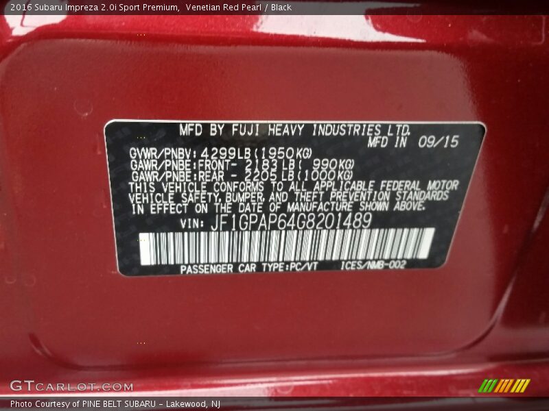 Venetian Red Pearl / Black 2016 Subaru Impreza 2.0i Sport Premium