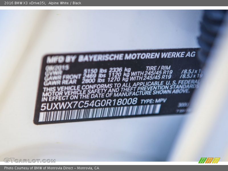 Alpine White / Black 2016 BMW X3 xDrive35i