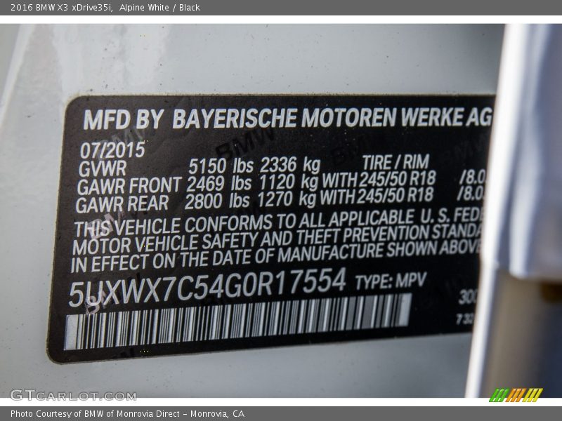 Alpine White / Black 2016 BMW X3 xDrive35i