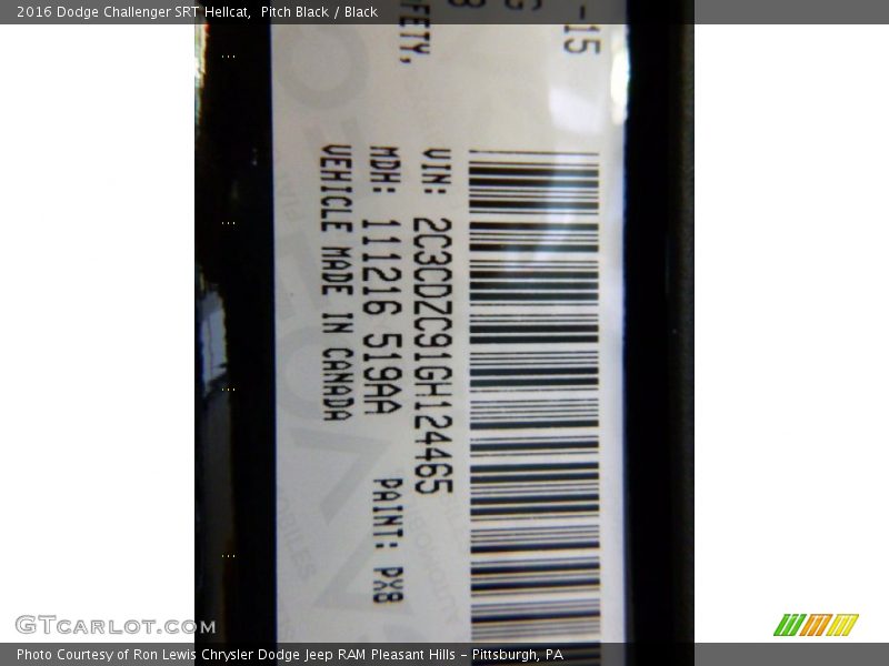 2016 Challenger SRT Hellcat Pitch Black Color Code PX8