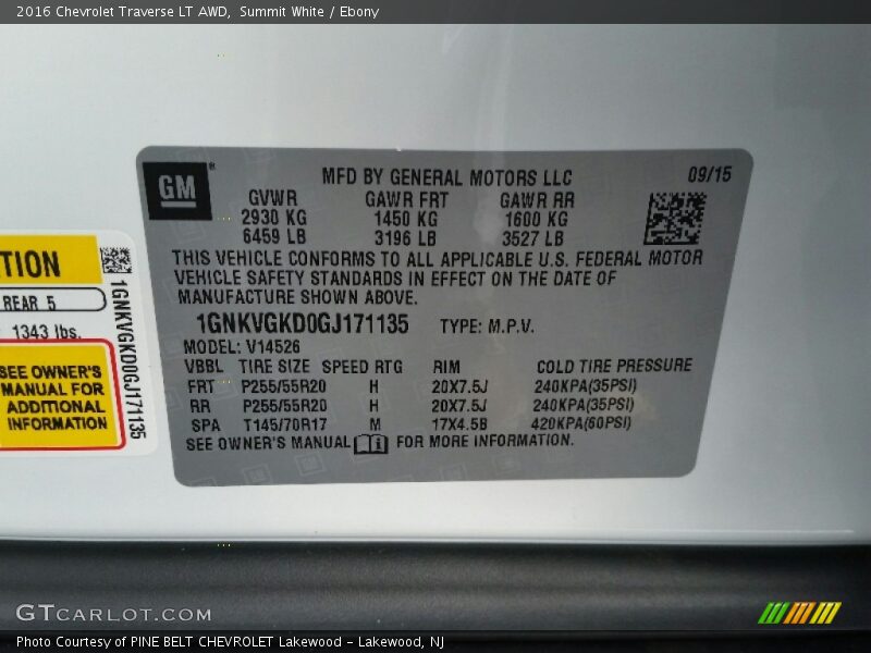 Summit White / Ebony 2016 Chevrolet Traverse LT AWD