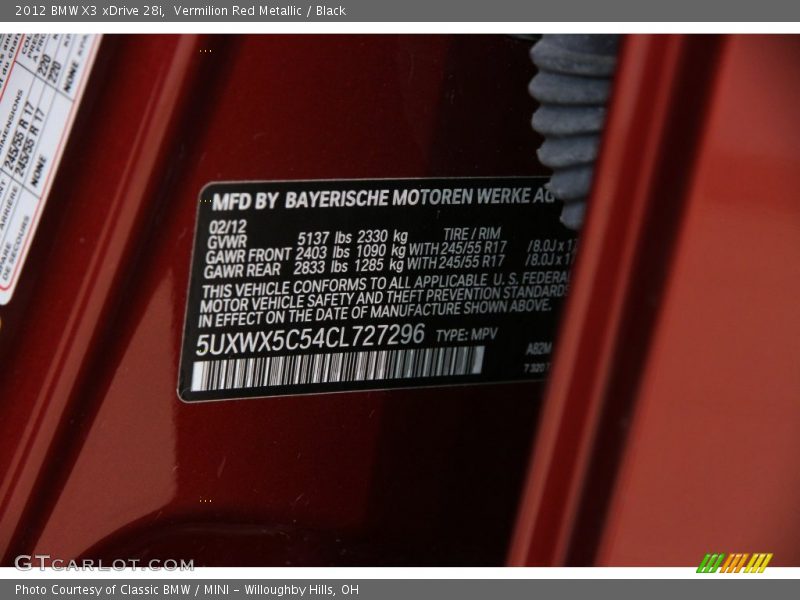 Vermilion Red Metallic / Black 2012 BMW X3 xDrive 28i
