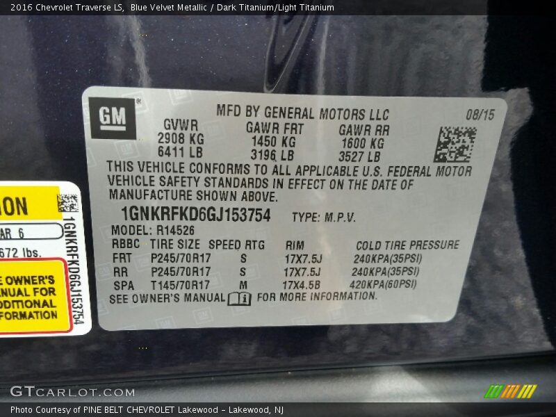 Blue Velvet Metallic / Dark Titanium/Light Titanium 2016 Chevrolet Traverse LS