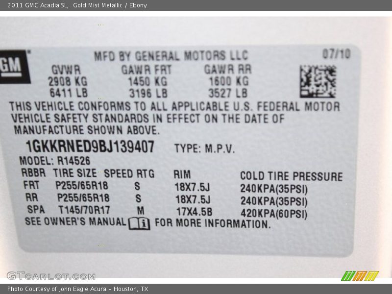 Gold Mist Metallic / Ebony 2011 GMC Acadia SL