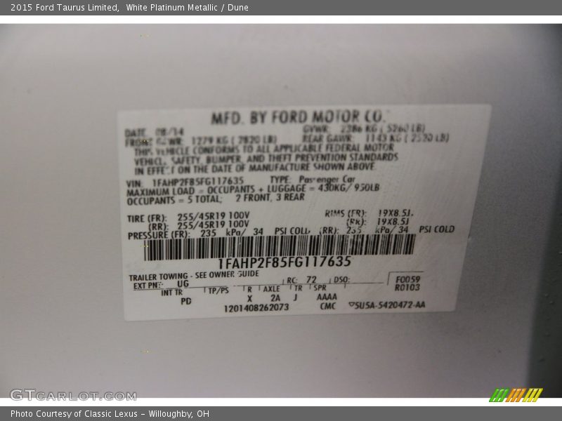 White Platinum Metallic / Dune 2015 Ford Taurus Limited