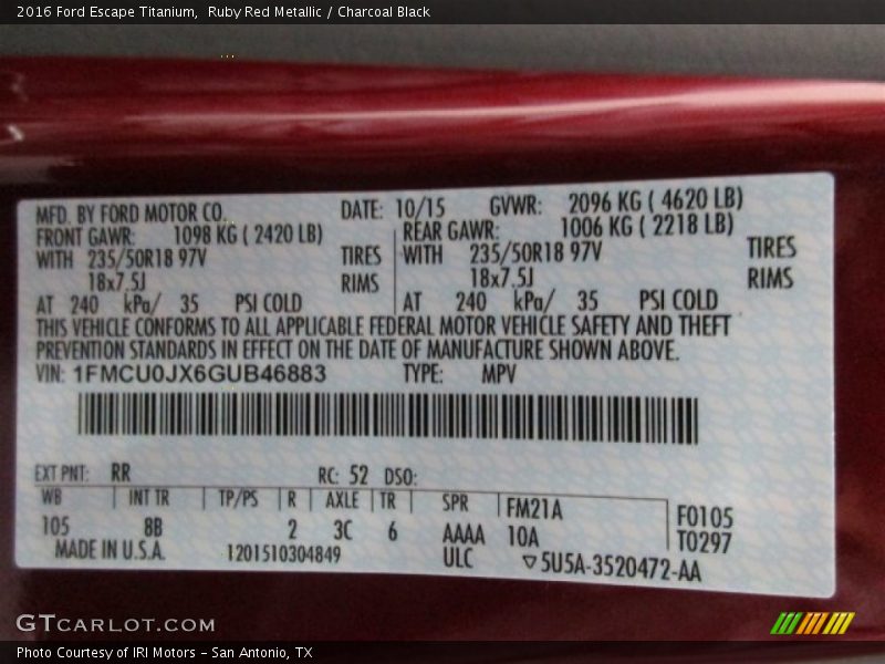 Ruby Red Metallic / Charcoal Black 2016 Ford Escape Titanium