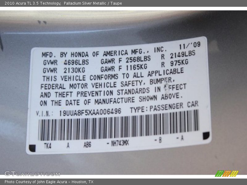 Palladium Silver Metallic / Taupe 2010 Acura TL 3.5 Technology