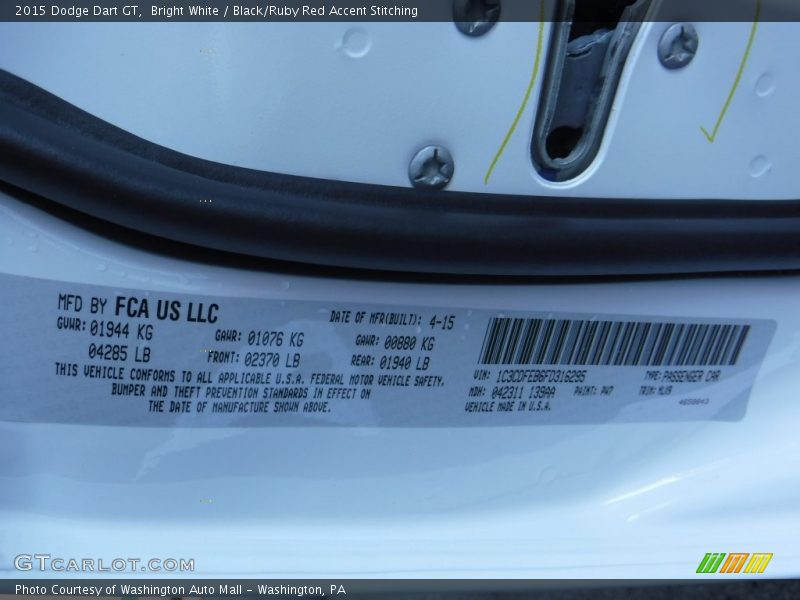 Bright White / Black/Ruby Red Accent Stitching 2015 Dodge Dart GT