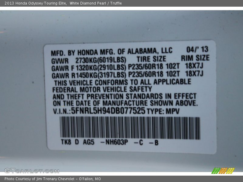 White Diamond Pearl / Truffle 2013 Honda Odyssey Touring Elite