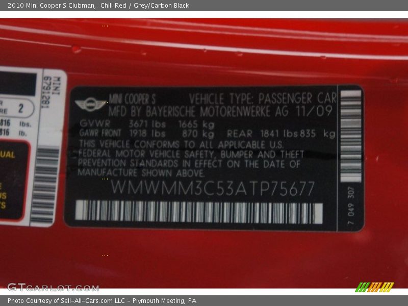 Chili Red / Grey/Carbon Black 2010 Mini Cooper S Clubman