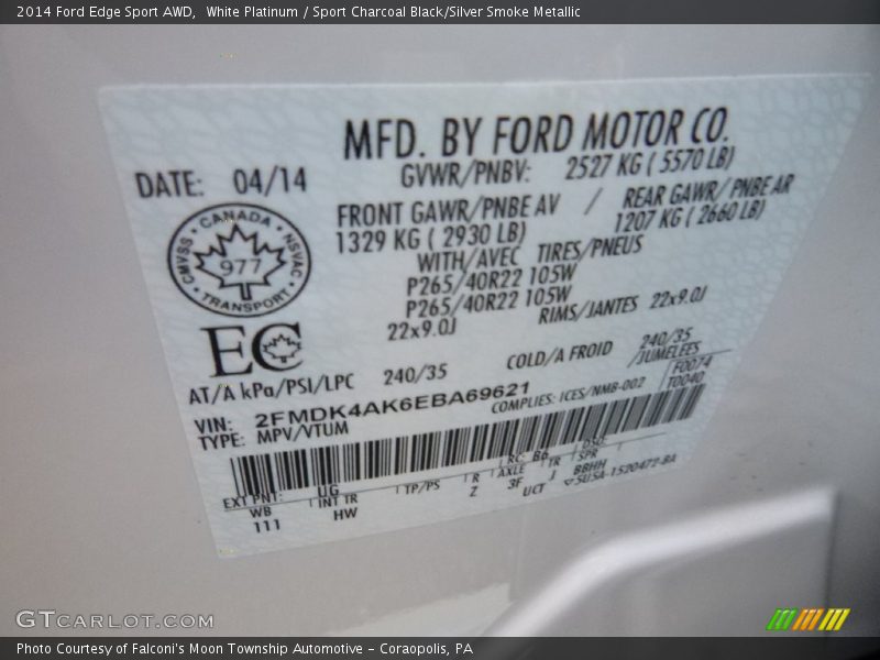 2014 Edge Sport AWD White Platinum Color Code UG