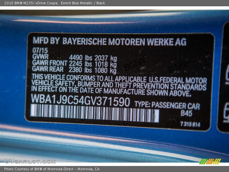 2016 M235i xDrive Coupe Estoril Blue Metallic Color Code B45