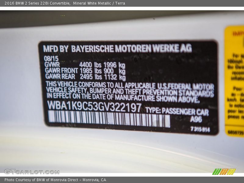 Mineral White Metallic / Terra 2016 BMW 2 Series 228i Convertible