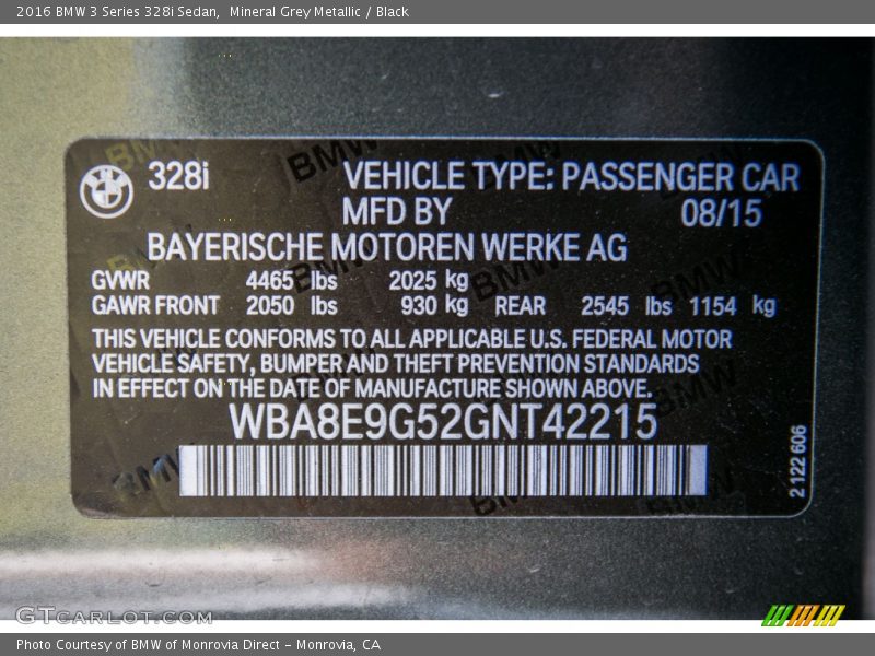 Mineral Grey Metallic / Black 2016 BMW 3 Series 328i Sedan