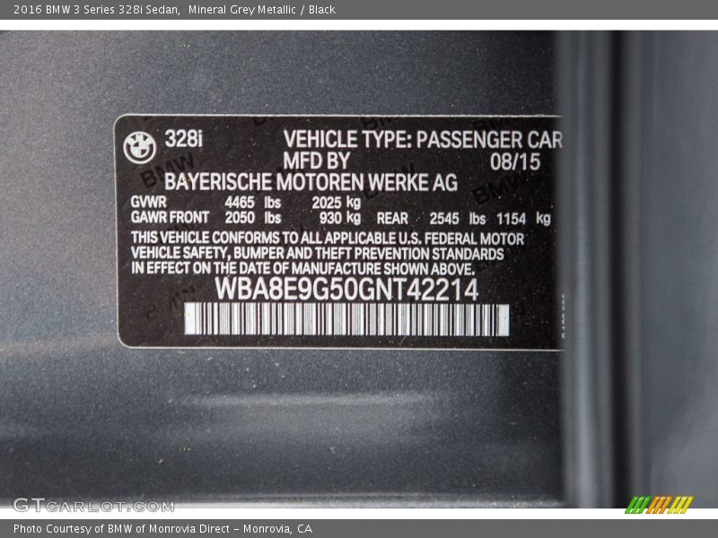 Mineral Grey Metallic / Black 2016 BMW 3 Series 328i Sedan