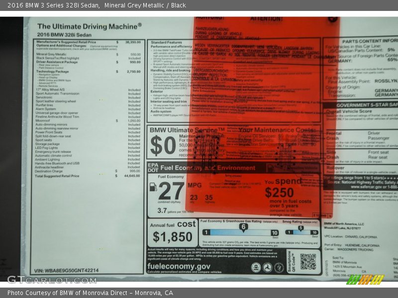  2016 3 Series 328i Sedan Window Sticker