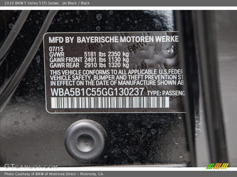 Jet Black / Black 2016 BMW 5 Series 535i Sedan