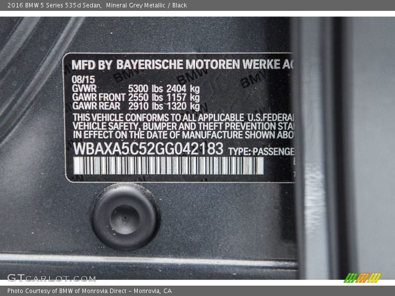 Mineral Grey Metallic / Black 2016 BMW 5 Series 535d Sedan