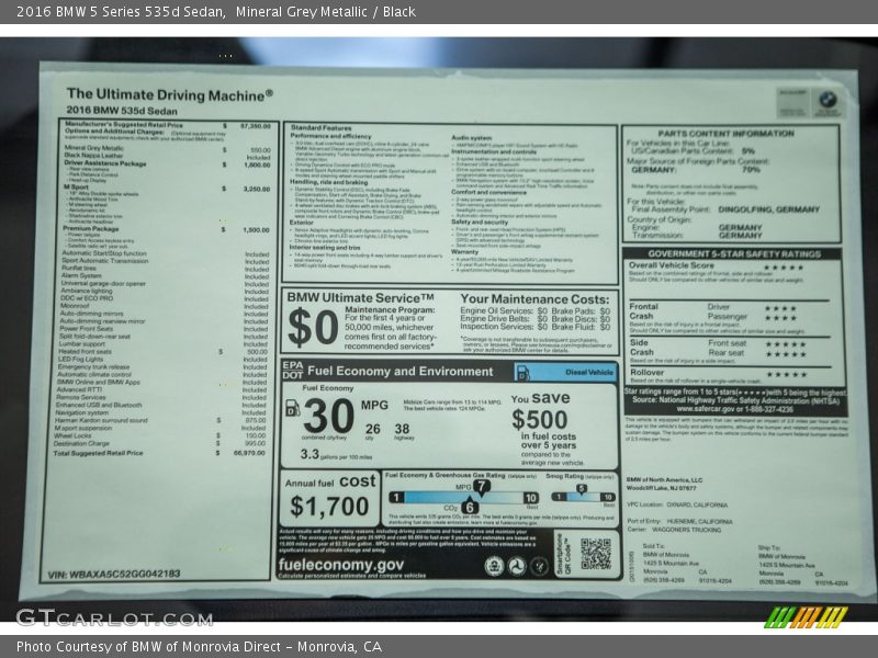 Mineral Grey Metallic / Black 2016 BMW 5 Series 535d Sedan