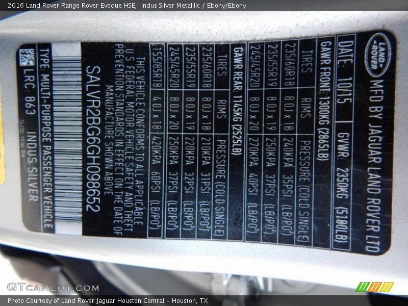 Indus Silver Metalllic / Ebony/Ebony 2016 Land Rover Range Rover Evoque HSE