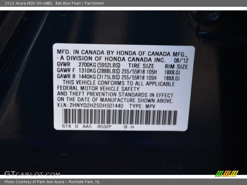 Bali Blue Pearl / Parchment 2013 Acura MDX SH-AWD