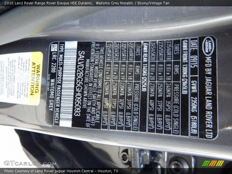 2016 Range Rover Evoque HSE Dynamic Waitomo Grey Metalllic Color Code 2200