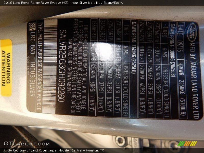 2016 Range Rover Evoque HSE Indus Silver Metalllic Color Code 863